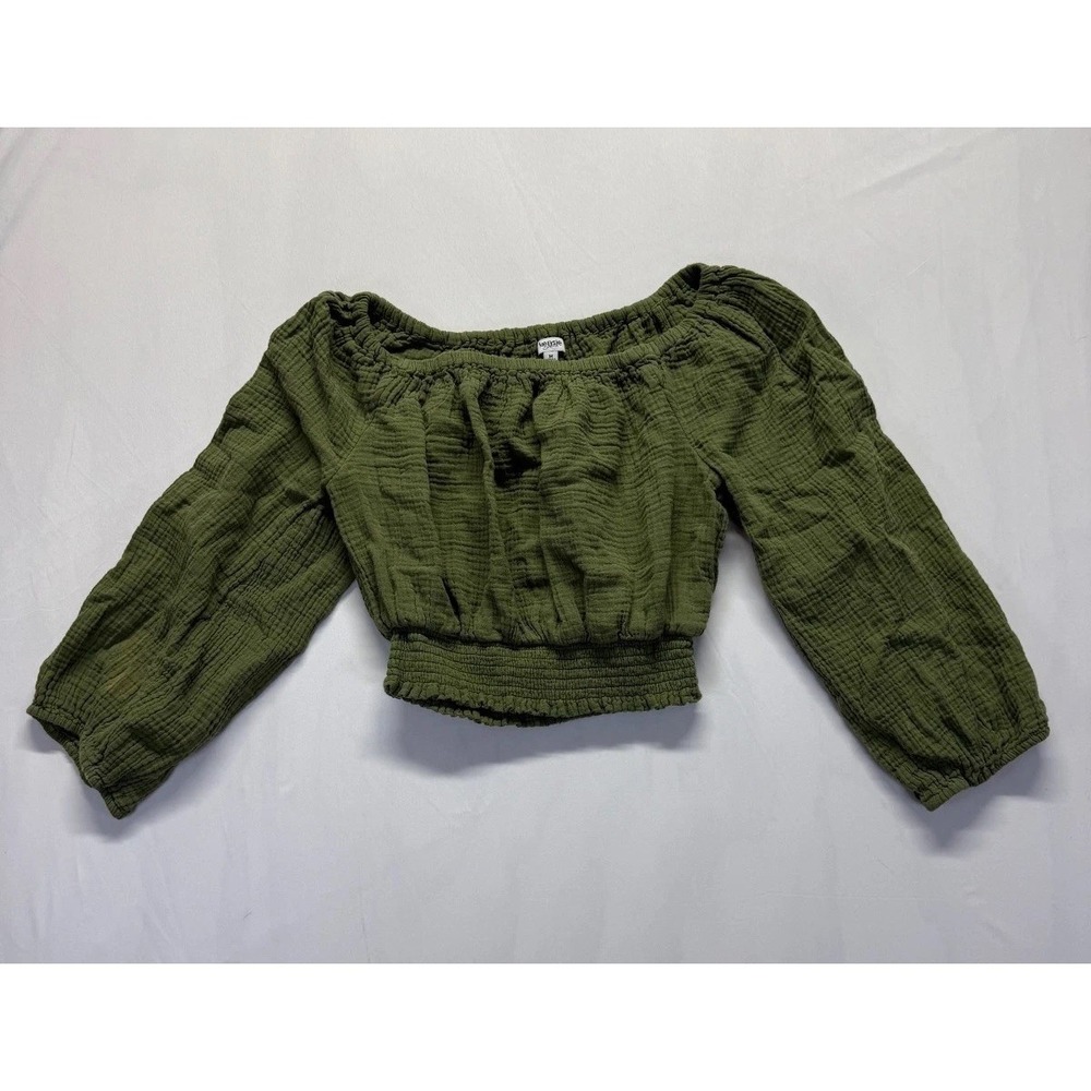 Kensie Jeans Blouse Top Womens Medium Olive Green Gauze Smocked Waist Cropped